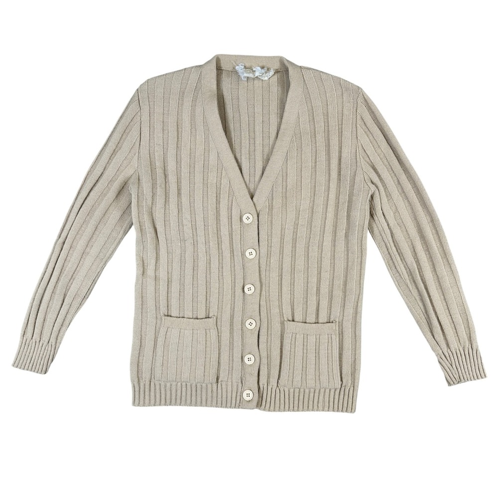 Vintage Sidney Gould Beige Ribbed Knit Button Front Cardigan Sweater Made in USA